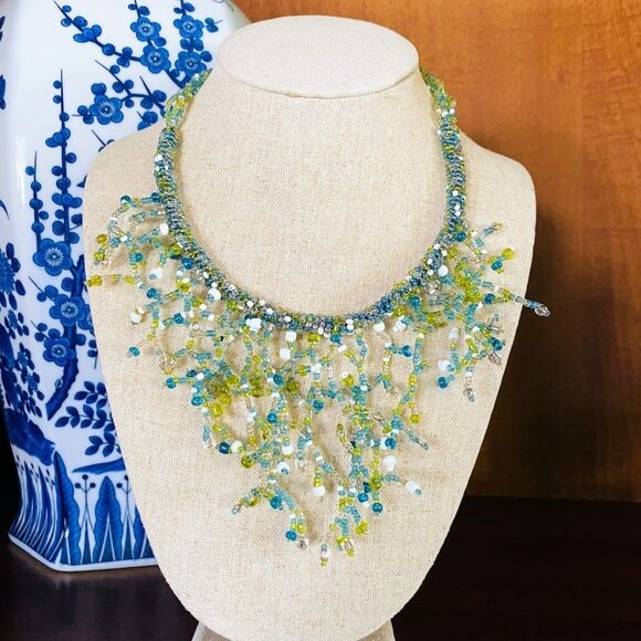 Ocean Inspired Multi Strand Beaded Necklace Aqua Green - Picture 2 of 6